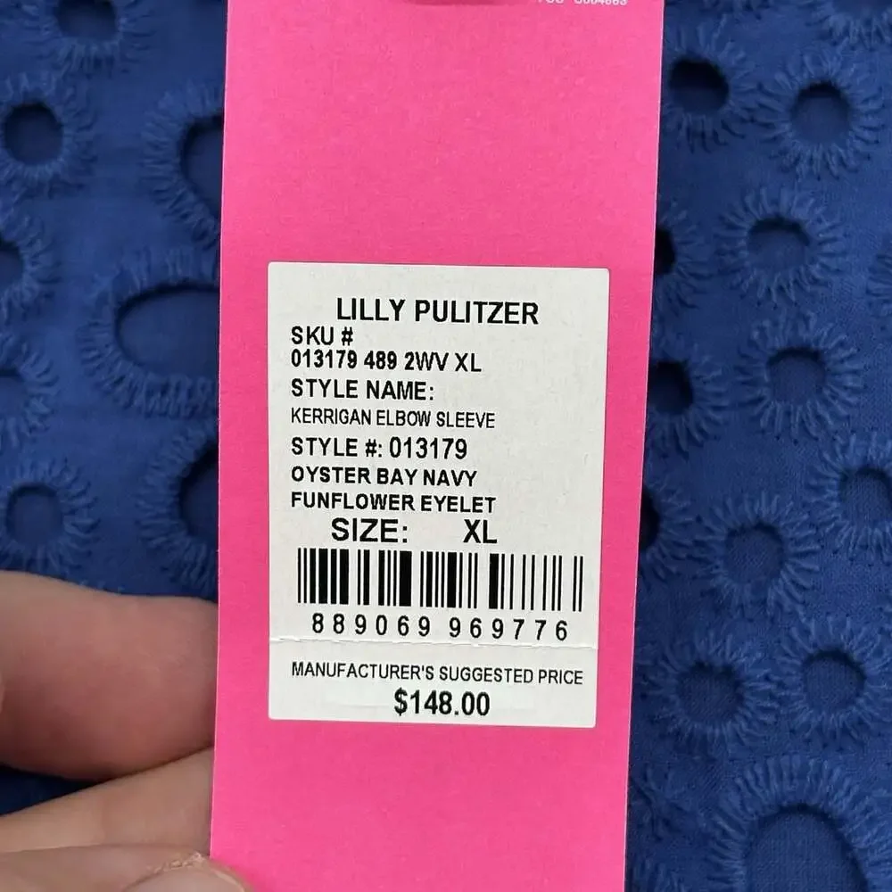 Lilly Pulitzer Kerrigan Size XL Oyster Bay Navy Elbow Sleeve Flower Eyelet Top